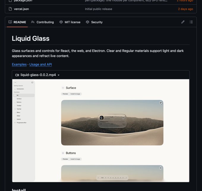 A GitHub repository page for 'Liquid Glass', describing 'Glass surfaces and controls for React, the web, and Electron', showing preview images of UI components.