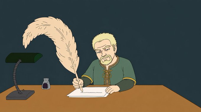 A cartoon depiction of a blonde, bearded man writing with a large quill feather pen at a desk lit by a green lamp, resembling a scribe or fantasy character.