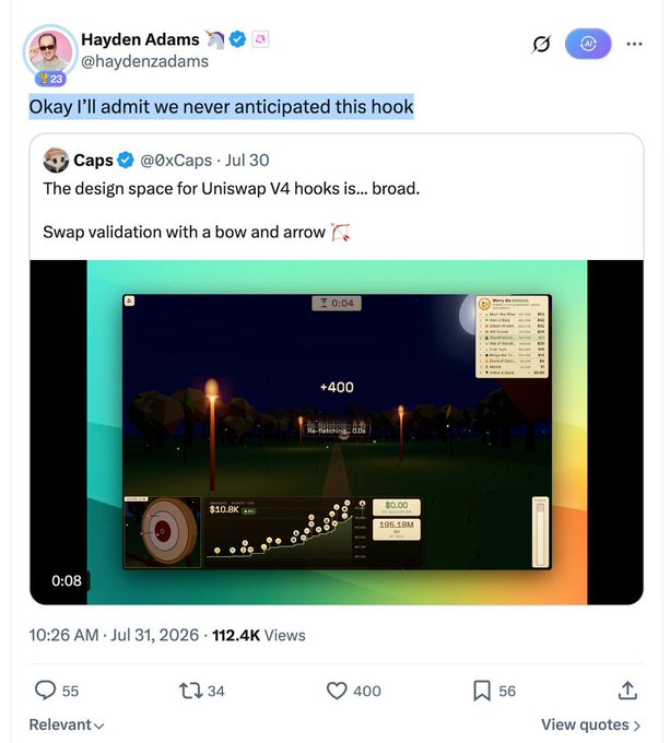 A tweet by Hayden Adams (@haydenzadams) quoting @0xCaps, with the caption 'Okay I'll admit we never anticipated this hook' about Uniswap V4 hook design space.