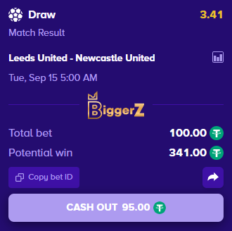 A sports betting app screenshot showing a Draw match result for Leeds United vs Newcastle United, with a total bet of 100.00, potential win of 341.00, and a 'Cash Out 95.00' option from Biggerz.