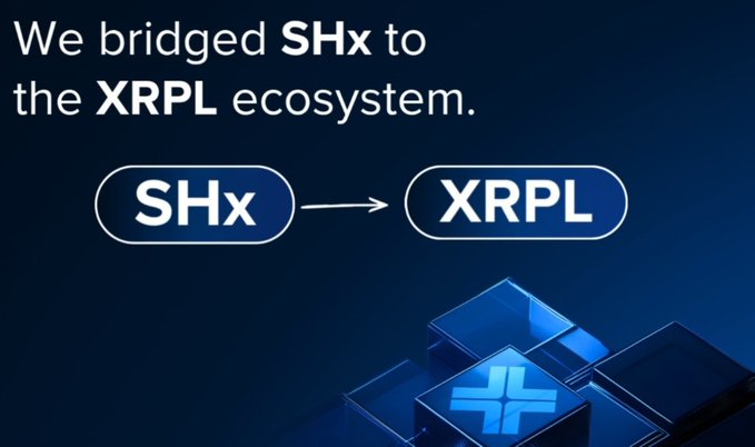 A promotional graphic on a dark blue background announces the bridging of **SHx** to the **XRPL ecosystem**, featuring a directional arrow from "SHx" to "XRPL" alongside 3D cube designs. This relates to the post's tickers ($AXL, $XRP, $SHX), highlighting the connection between the SHx token, Axelar's cross-chain bridging protocol, and the XRP Ledger.