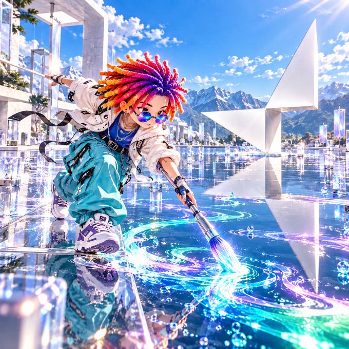 A vibrant 3D illustration of a character with colorful dreadlocks and sunglasses painting glowing strokes onto a reflective water surface near a white star structure.