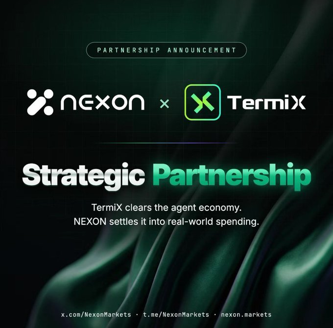 A partnership announcement graphic between NEXON and TermiX announcing a 'Strategic Partnership' with the tagline 'TermiX clears the agent economy. NEXON settles it into real-world spending.'
