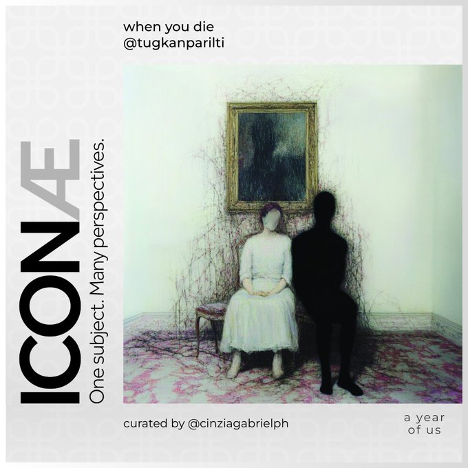 An "ICONS" theme social media graphic featuring a painting of a woman in a white dress sitting next to a silhouetted figure, with text reading "when you die @tugkanparilti" and "a year of us."