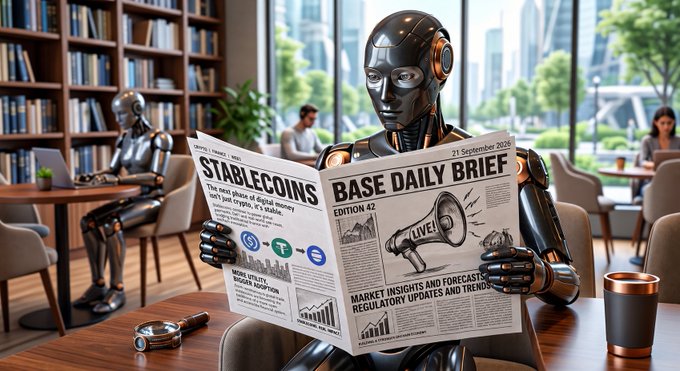 An AI-generated image of a metallic humanoid robot sitting in a modern library/cafe reading a newspaper titled 'BASE DAILY BRIEF' with headlines about 'STABLECOINS' and 'MARKET INSIGHTS AND FORECASTS', while other robots sit in the background.