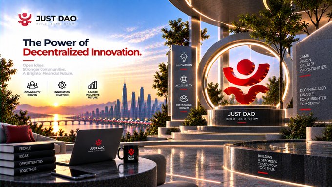 A complex promotional graphic for 'JUST DAO' titled 'The Power of Decentralized Innovation', featuring a futuristic cityscape, a central red logo, and various crypto-related buzzwords like 'SUSTAINABLE GROWTH' and 'INNOVATION'.