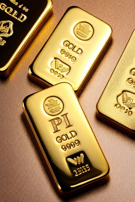 The image shows several gold bars stamped with "PI," "GOLD 9999," and "2355" markings, arranged on a warm surface. These bars serve as a visual metaphor in the post, equating Pi Network's cryptocurrency to physical gold and promoting a speculative consensus valuation of 1 Pi = $314,159 (GCV).