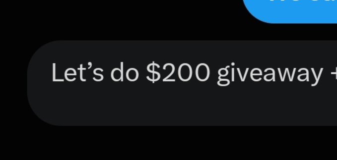 A cropped screenshot of a tweet featuring a black button with white text reading "Let's do $200 giveaway +" on a dark background, with a partial blue reply button visible at the top. The visible text directly corresponds to the beginning of the giveaway announcement tweet shown in the post, which announces a $200 SOLana giveaway to 10 winners.