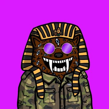 A cartoon illustration of a bear-like character wearing an Egyptian pharaoh headdress, purple sunglasses, and a camouflage jacket against a bright purple background.