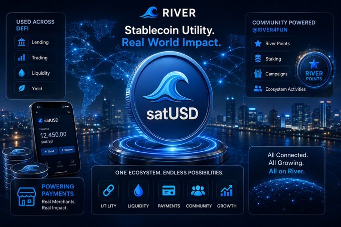 A promotional graphic for River's satUSD stablecoin showcases its "Stablecoin Utility. Real World Impact." positioning, highlighting use cases across DeFi (Lending, Trading, Liquidity, Yield) and community features via @RIVER4FUN (River Points, Staking, Campaigns), with a phone mockup displaying a 12,450.00 satUSD balance—visually reinforcing the post's message about expanding satUSD beyond traditional DeFi into payments and broader ecosystem integrations.