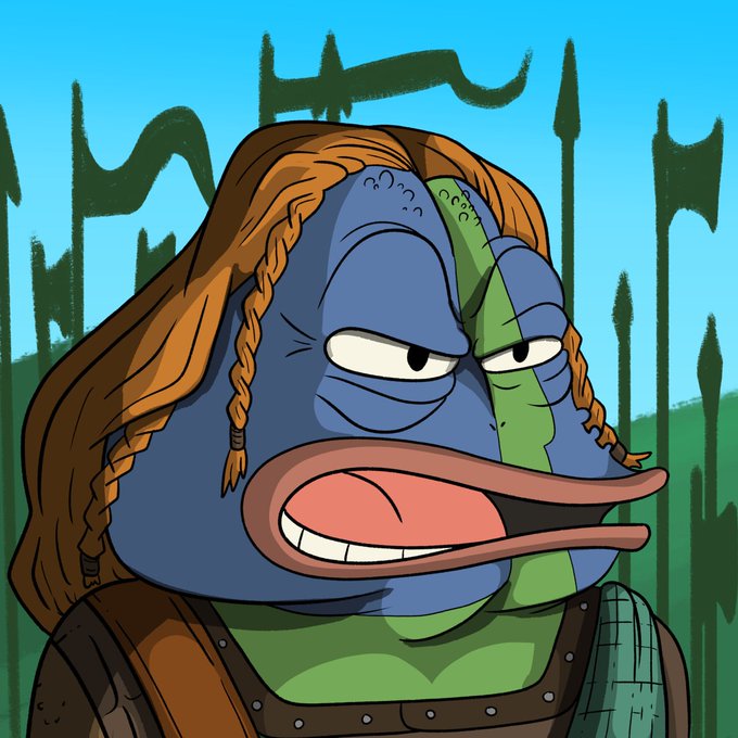 A cartoon character with blue and green skin, long braided orange hair, a large protruding pink mouth, and a smug expression stands in front of a backdrop of spears on a blue background.