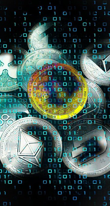 A collection of cryptocurrency coins, including Bitcoin, Ethereum, and Litecoin, are displayed against a backdrop of glowing blue binary code. The image visually reinforces the post's message about established crypto networks like Bitcoin having functioning products and active ecosystems, symbolizing the transition from conceptual promises to tangible digital assets.