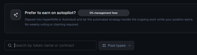 A dark-themed interface showing a section titled 'Prefer to earn on autopilot?' with mention of 0% management fees and options to deposit into HyperRAM or AutoVault, along with a search bar for tokens.