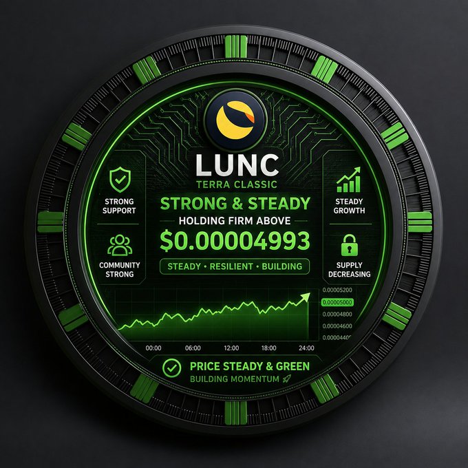 A futuristic green and black circular dashboard for "LUNC TERRA CLASSIC" showing a price of $0.00004993 with text "STRONG & STEADY" and "PRICE STEADY & GREEN".