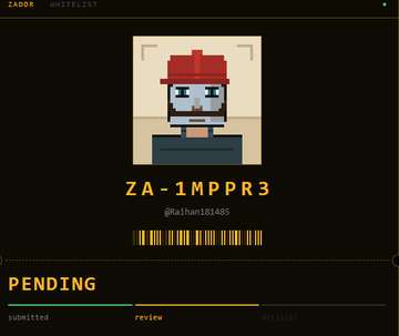 A dark-themed NFT minting page for 'ZADA - WHITELIST', showing a pixelated character image, ID 'ZA-1MPPR3' (@aohan181405), and a progress bar currently in the 'review' stage.