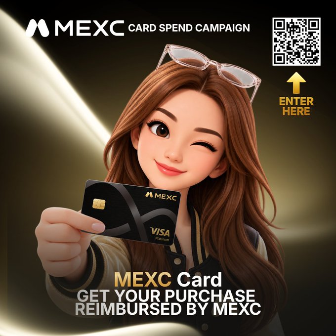 A promotional image for the 'MEXC CARD SPEND CAMPAIGN' featuring a stylized illustration of a woman winking and holding a MEXC Visa Platinum card, with text 'MEXC Card GET YOUR PURCHASE REIMBURSED BY MEXC' and a QR code labeled 'ENTER HERE'.
