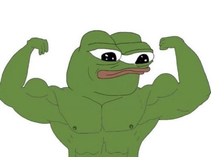 A cartoon illustration of a muscular green frog flexing its biceps, featuring large eyes and a wide mouth, commonly known as the 'Strong Pepe' meme.
