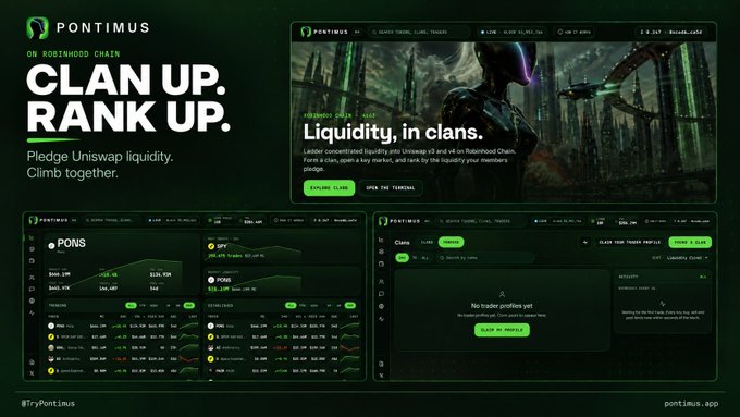 Promotional material for Pontimus on Robinhood Chain with the headline "CLAN UP. RANK UP." and "Liquidity, in clans," featuring screenshots of their dashboard interface and branding with the URL pontimus.app.