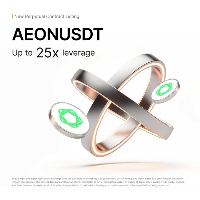 A promotional graphic announcing the new AEONUSDT perpetual contract listing, featuring text "New Perpetual Contract Listing," "AEONUSDT," and "Up to 25x leverage" alongside an image of interlocking metallic rings displaying the AEON token logo. The visual reinforces the post's announcement of AEONUSDT being available for trading with up to 25x leverage on Bybit.