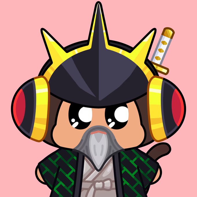 A cute chibi-style cartoon illustration of a monkey character dressed as a samurai warrior with a spiked helmet, large headphones with red earpieces, and a katana sword on its back, set against a pink background.