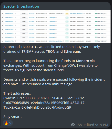A screenshot of a 'Specter Investigation' message discussing a hack on Coinsbuy wallets around 13:00 UTC, mentioning $7.9M+ drained across TRON and Ethereum, with theft addresses listed for TRON and Ethereum networks.