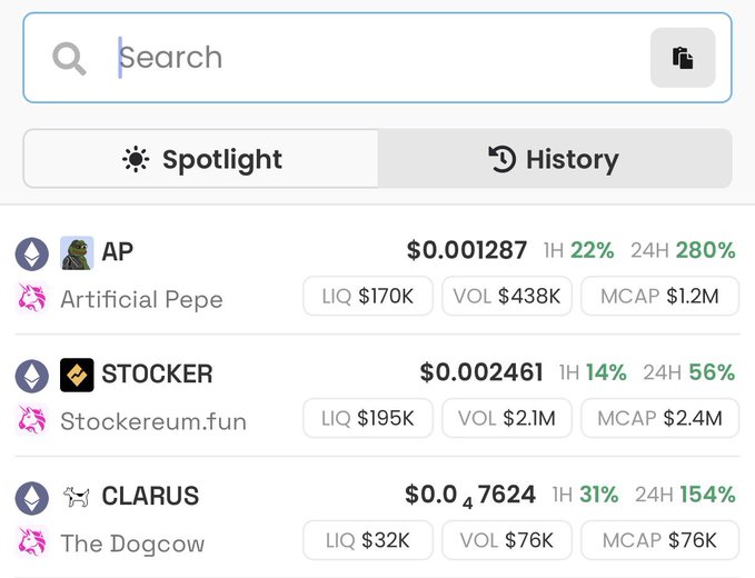 A cryptocurrency search interface displays trending meme tokens on Ethereum, including AP (Artificial Pepe) at $0.001287 with a 280% 24H gain, STOCKER (Stockereum.fun) at $0.002461 with a 56% 24H gain, and CLARUS (The Dogcow) at $0.047624 with a 154% 24H gain, all corresponding to the mentioned tickers $AP, $Stocker, and $Clarus.