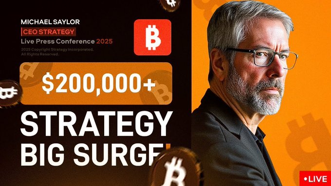 The image features a man wearing glasses, standing against an orange background with the text "Strategy Big Surf" written above him. The caption below his photo reads "Not every move needs action. Sometimes watching is the edge. Join in our Telegram: t.me/+bozgQ5tbN1w1N #Blockchain Stop watching from the sidelines. $ARARA $WIN".