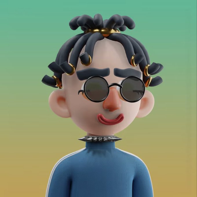 A 3D-rendered cartoon character with short dark dreadlocks with gold beads, round dark sunglasses, a spiked black choker, and a blue track jacket.