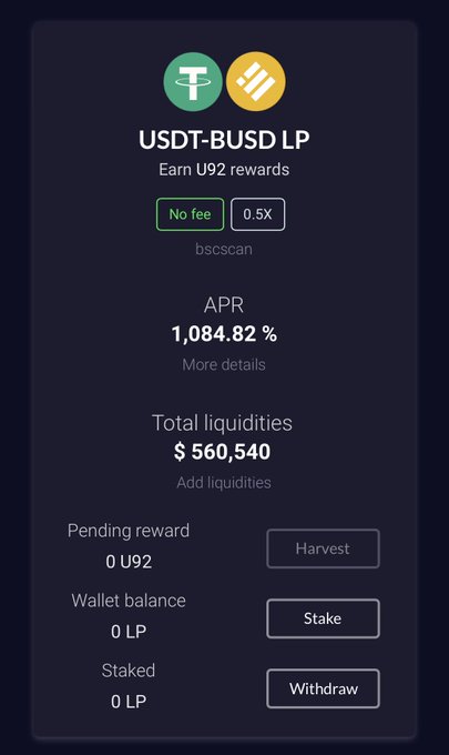A DeFi liquidity pool card for the USDT-BUSD LP pair shows a 1,084.82% APR with $560,540 in total liquidities and U92 rewards, illustrating the era of extraordinarily high-yield stablecoin farming before the post notes that hacking subsequently occurred.
