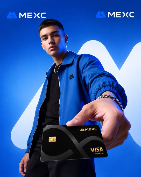A young man in a blue MEXC jacket extends a black MEXC Visa Platinum card toward the camera against a vibrant blue backdrop featuring the MEXC logo. The image illustrates the post's message about bridging the gap between holding USDT and being able to spend it in everyday transactions through the MEXC Global Visa card.
