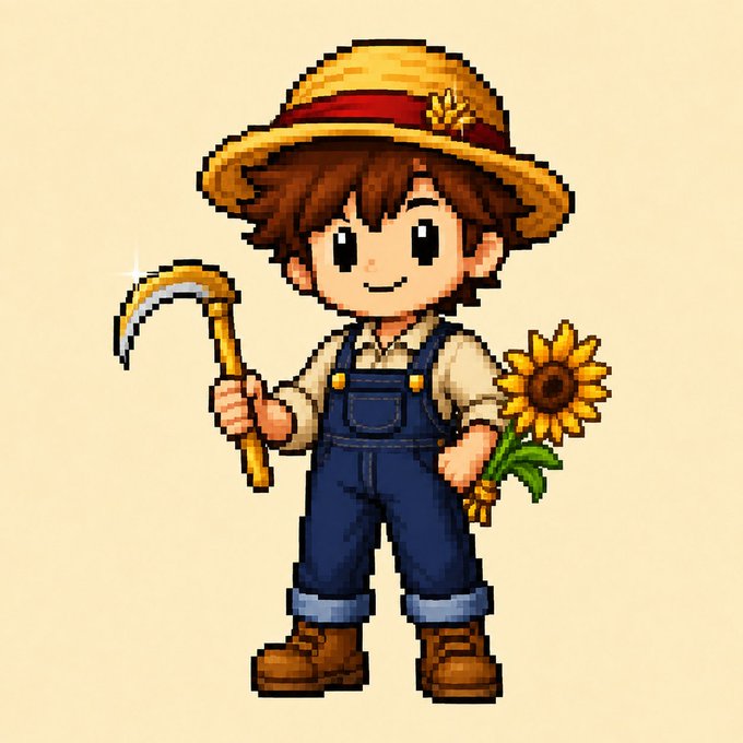 A pixel art illustration depicts a smiling farmer boy with brown hair, wearing a straw hat and blue overalls, holding a sickle and a sunflower.