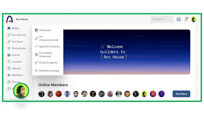 A screenshot of the Arc House Discord community hub showing a navigation dropdown with options like "All Boards," "Arc Announcements," and "Agentic Economy," alongside a welcome banner reading "Welcome builders to [Arc House]" and an "Online Members" section. The image highlights a new comment feature on the platform, which the poster is promoting in anticipation of Arc's mainnet launch on 16/09.