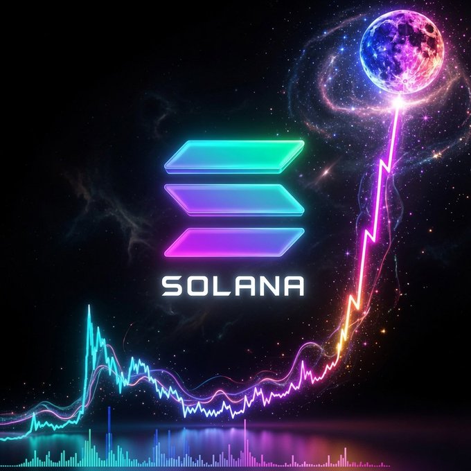 A vibrant, neon-lit cosmic scene features the Solana logo alongside a glowing purple planet, a rising chart, and a starry backdrop, visually reinforcing the post's call to predict the next 100x Solana memecoin by tying the token's branding to themes of explosive growth and cosmic potential.