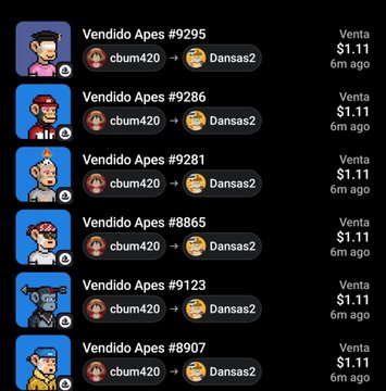 A mobile app interface displays a list of recent NFT transactions on a dark background, showing various 'Vendito Apes' with different IDs being sold for '$1.11' from user 'cbum420' to 'Dansas2' 6 minutes ago.