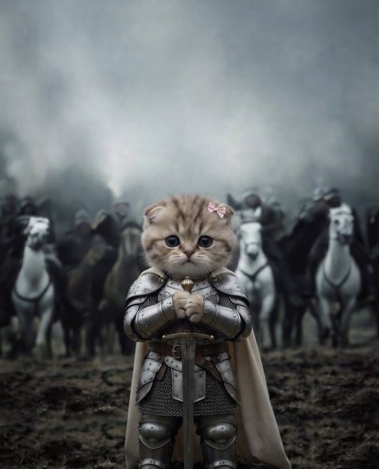 A whimsical fantasy image depicts a fluffy tabby kitten wearing detailed medieval knight armor and a white cape with a pink bow, solemnly holding a sword while standing before mounted knights in a misty battlefield.
