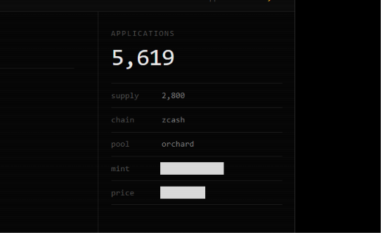 A screenshot of the zaddr.net application page showing 5,619 total applications, with a supply of 2,800 on the zcash chain's orchard pool, while the mint and price fields are blanked out.
