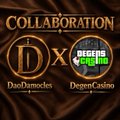A dark promotional banner featuring gold text announcing a 'COLLABORATION' between 'DooFamoles' and 'DegensCasino' with a spinning 'x' logo.