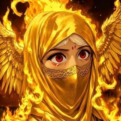 A striking anime-style illustration of a mysterious figure wearing a golden face veil and hood, surrounded by fiery flames and angel wings with piercing red eyes. The dramatic, powerful imagery evokes an angelic or guardian presence—fitting for a bold "Good morning CT" call-to-action rallying the Crypto Twitter community to share their buys for the day.