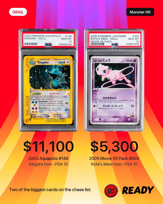 Two PSA 10-graded Pokémon cards are featured: a 2003 Aquapolis Kingdra holo (#148) priced at $11,100 and a 2005 Japanese Movie VS Pack Rota's Mew holo (#002) priced at $5,300, with the post expressing desire for the rare Mew card.