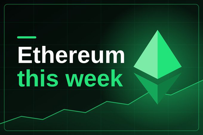 A green-themed graphic reads 'Ethereum this week' next to the Ethereum logo, set against a dark background with an ascending line graph.