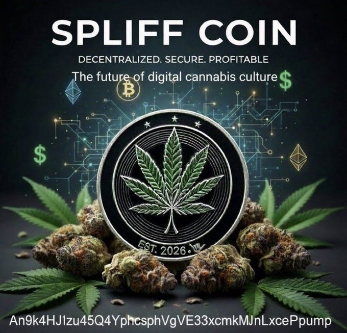 A promotional image for "SPLIFF COIN" featuring a silver crypto coin with a cannabis leaf emblem, surrounded by cannabis buds and leaves, with the text "DECENTRALIZED. SECURE. PROFITABLE" and "The future of digital cannabis culture," along with the ticker and contract address visible.