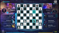 The image shows a chess game displayed on a computer screen, with two players participating in an online match against each other. The chessboard has pieces positioned for both players to make their moves. There are also several descriptions of the game's progress visible on the screen, providing context and information about the ongoing match.