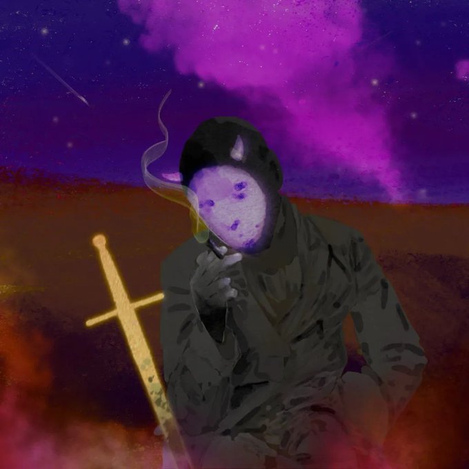 A digital painting of a mysterious figure in a dark hooded coat with a purple, glowing, crater-like face, smoking a cigarette, holding a yellow sword, set against a vivid purple and pink sky with a shooting star.