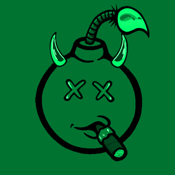 A green cartoon bomb character with a devilish face, X-shaped eyes, small horns, and a smoking fuse on a solid green background.
