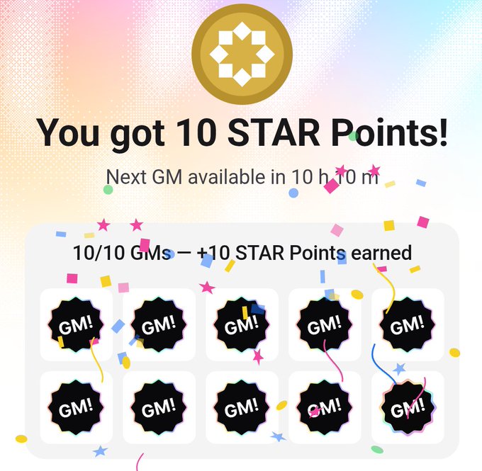 A reward notification reading 'You got 10 STAR Points! Next GM available in 10 h 10 m' with '10/10 GMs – +10 STAR Points earned' and ten 'GM!' badges below.