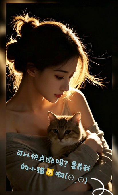A softly-lit portrait of a young woman with her hair in a bun, holding a tabby cat in a gray blanket, with Chinese text '可以快点涨吗？要我养我的小猫啊(⊙_⊙)' overlaid.