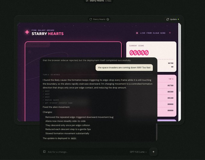 A dark-themed interface showing a "Starry Hearts" project called "Pink Galaxy Arcade" with a current score of 00000 and top 5 leaderboard, featuring a chat panel where GPT-5.6 Luna discusses fixing a bug where aliens rapidly staircase downward due to edge-drop triggering, with deployed fixes including sideways movement, single-step descents of 5px per edge contact, and slower formation movement.