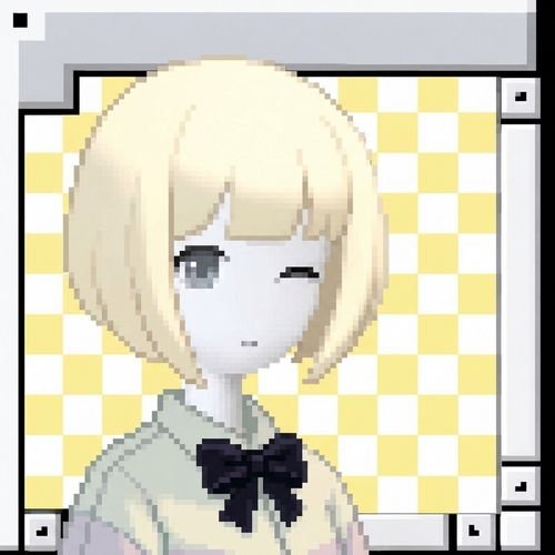An anime-style pixel art character with short blonde hair winking, wearing a green top with a dark bow, set against a yellow and white checkered background.