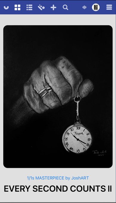 A digital display shows artwork titled '1/1s MASTERPIECE by JoshART' featuring a detailed black-and-white drawing of a hand holding a pocket watch with the text 'EVERY SECOND COUNTS II'.