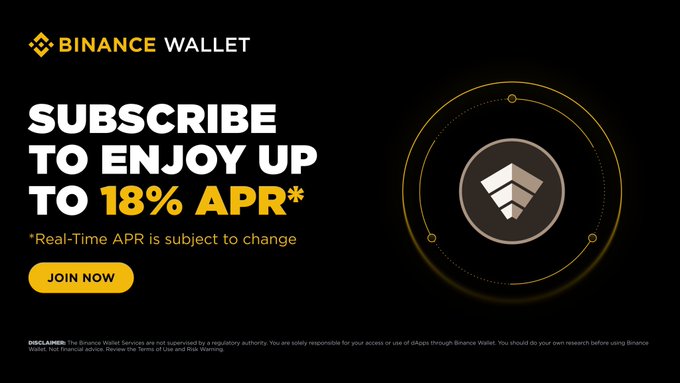 This Binance Wallet promotional banner advertises a "Subscribe to Enjoy Up to 18% APR*" offer with a "Join Now" call-to-action button, featuring a token graphic alongside the Binance logo. The image complements the post's message about the USDAi Campaign Rewards by promoting the Binance Wallet subscription service where users can subscribe to PYUSD or USDAi to earn up to 18% APR while receiving sUSDai rewards.